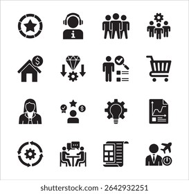 Business company Icon set. Management icon set. Contains symbol of teamwork, data, asset, stock, resource, employee, businessman, target, finance, holiday, meeting, progress. Vector illustration