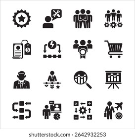 Business company Icon set. Management icon set. Contains symbol of teamwork, data, asset, stock, resource, employee, businessman, target, finance, holiday, meeting, progress. Vector illustration