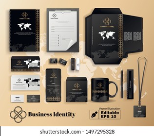 Business Company Identity in Black Gold Color with World Map Design. Promotional Stationery Set. Package Brochure Catalog Cover Editable Mockup. Logotype on Mug Letter Vector Illustration