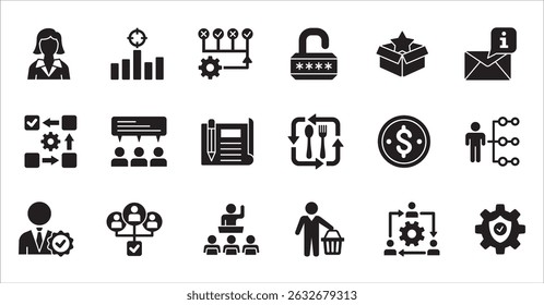 Business company, management flat icon set. Contains symbol of businessman, target, finance, lunchtime, success, hierarchy, data, work, money, employee, task, shop, meeting, job. Vector illustration