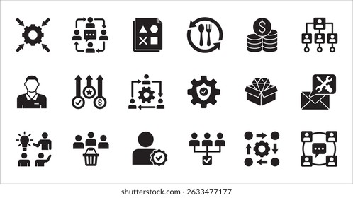 Business company, management flat icon set. Contains symbol of businessman, target, finance, lunchtime, success, hierarchy, data, work, money, employee, task, shop, meeting, job. Vector illustration