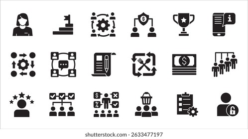 Business company, management flat icon set. Contains symbol of businessman, target, finance, lunchtime, success, hierarchy, data, work, money, employee, task, shop, meeting, job. Vector illustration