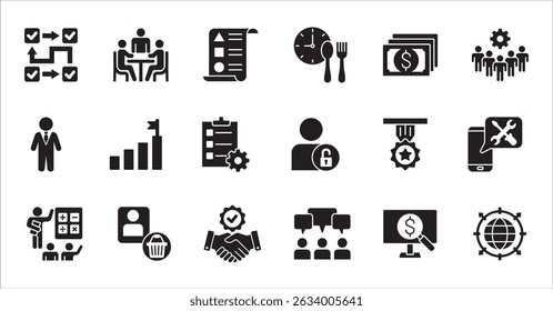 Business company, management flat icon set. Contains symbol of businessman, target, finance, lunchtime, success, hierarchy, data, work, money, employee, task, shop, meeting, job. Vector illustration