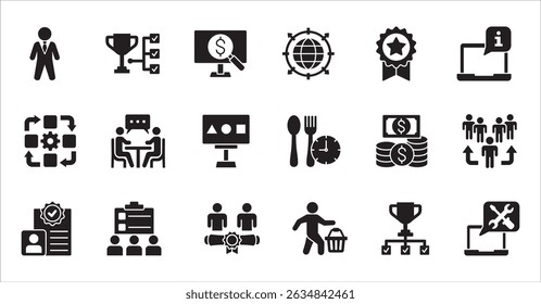 Business company, management flat icon set. Contains symbol of businessman, target, finance, lunchtime, success, hierarchy, data, work, money, employee, task, shop, meeting, job. Vector illustration