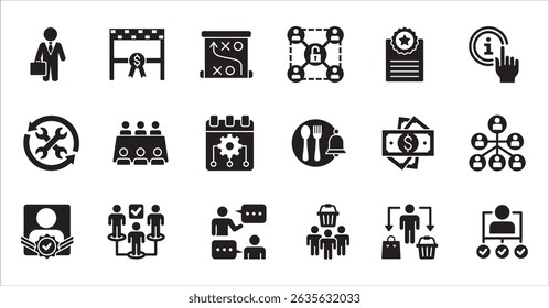 Business company, management flat icon set. Contains symbol of businessman, target, finance, lunchtime, success, hierarchy, data, work, money, employee, task, shop, meeting, job. Vector illustration