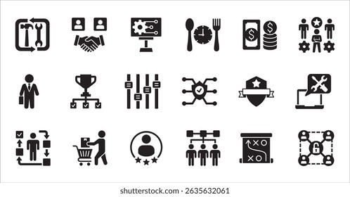 Business company, management flat icon set. Contains symbol of businessman, target, finance, lunchtime, success, hierarchy, data, work, money, employee, task, shop, meeting, job. Vector illustration