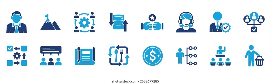 Business company management icon set. Contains symbol of businessman, target, finance, lunchtime, success, hierarchy, data, reward, work, money, employee, task, shop, meeting, job. Vector illustration