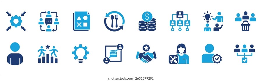 Business company management icon set. Contains symbol of businessman, target, finance, lunchtime, success, hierarchy, data, reward, work, money, employee, task, shop, meeting, job. Vector illustration