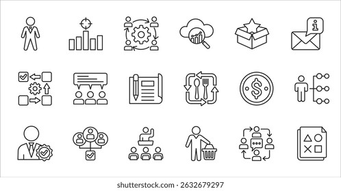 Business company and Management icon set. Contains symbol of success, data, reward, work, money, employee, businessman, target, finance, lunchtime, task, shop, meeting, education. Vector illustration