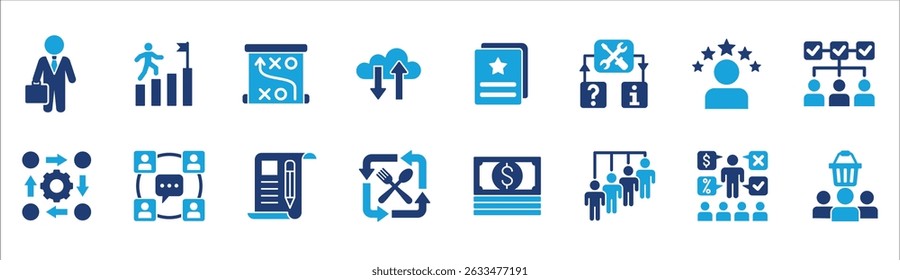 Business company management icon set. Contains symbol of businessman, target, finance, lunchtime, success, hierarchy, data, reward, work, money, employee, task, shop, meeting, job. Vector illustration