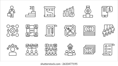 Business company and Management icon set. Contains symbol of success, data, reward, work, money, employee, businessman, target, finance, lunchtime, task, shop, meeting, education. Vector illustration