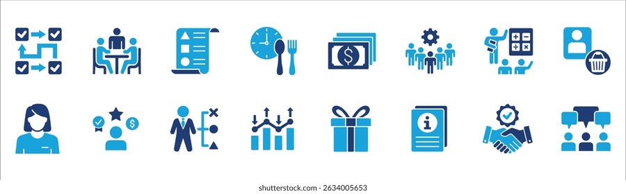 Business company management icon set. Contains symbol of businessman, target, finance, lunchtime, success, hierarchy, data, reward, work, money, employee, task, shop, meeting, job. Vector illustration