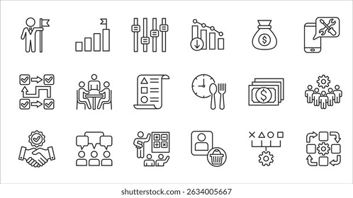 Business company and Management icon set. Contains symbol of success, data, reward, work, money, employee, businessman, target, finance, lunchtime, task, shop, meeting, education. Vector illustration