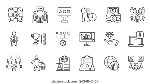 Business company and Management icon set. Contains symbol of success, data, reward, work, money, employee, businessman, target, finance, lunchtime, task, shop, meeting, education. Vector illustration