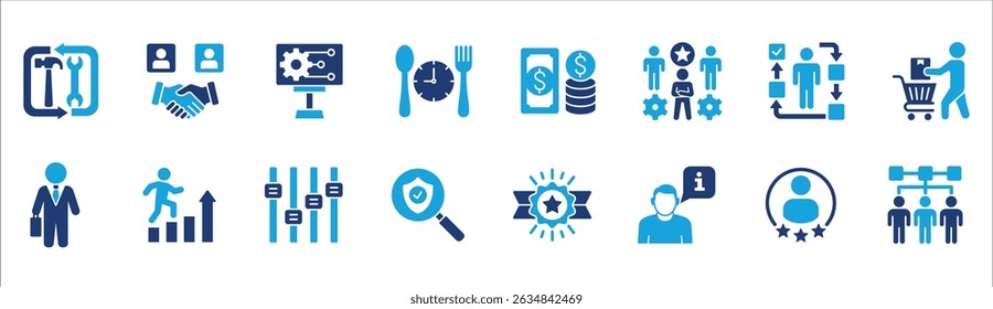 Business company management icon set. Contains symbol of businessman, target, finance, lunchtime, success, hierarchy, data, reward, work, money, employee, task, shop, meeting, job. Vector illustration