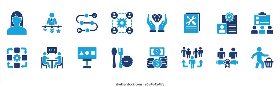 Business company management icon set. Contains symbol of businessman, target, finance, lunchtime, success, hierarchy, data, reward, work, money, employee, task, shop, meeting, job. Vector illustration