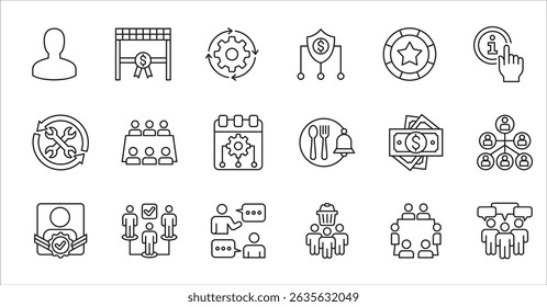 Business company and Management icon set. Contains symbol of success, data, reward, work, money, employee, businessman, target, finance, lunchtime, task, shop, meeting, education. Vector illustration