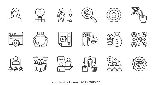 Business company and Management icon set. Contains symbol of success, data, reward, work, money, employee, businessman, target, finance, lunchtime, task, shop, meeting, education. Vector illustration