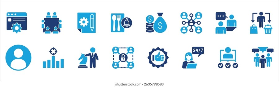 Business company management icon set. Contains symbol of businessman, target, finance, lunchtime, success, hierarchy, data, reward, work, money, employee, task, shop, meeting, job. Vector illustration