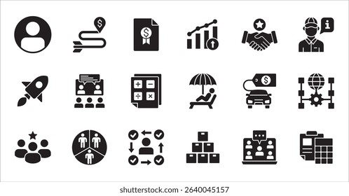 Business company and Management icon set. Contains symbol of teamwork, target, market, global, success, customer service, leadership, holiday, asset, meeting, entrepreneur. Vector illustration