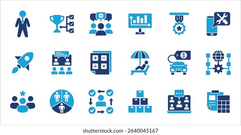 Business company and Management icon set. Contains symbol of teamwork, target, market, global, success, customer service, leadership, holiday, asset, meeting, entrepreneur. Vector illustration