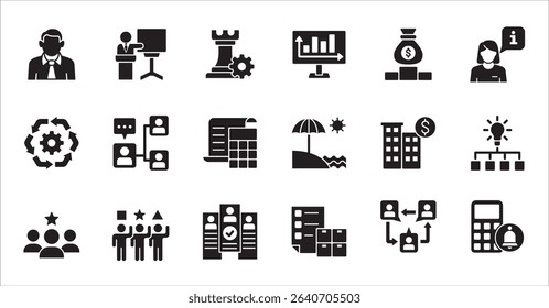 Business company and Management icon set. Contains symbol of teamwork, target, market, global, success, customer service, leadership, holiday, asset, meeting, entrepreneur. Vector illustration