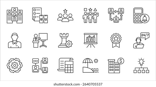 Business company and Management icon set. Contains symbol of teamwork, target, market, global, success, customer service, leadership, holiday, asset, meeting, entrepreneur. Vector illustration