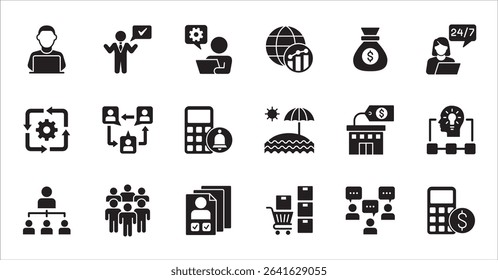 Business company and Management icon set. Contains symbol of teamwork, target, market, global, success, customer service, leadership, holiday, asset, meeting, entrepreneur. Vector illustration