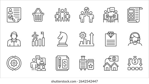 Business company and Management icon set. Contains symbol of teamwork, target, market, global, success, customer service, leadership, holiday, asset, meeting, entrepreneur. Vector illustration