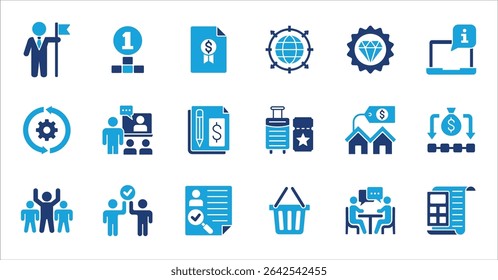 Business company and Management icon set. Contains symbol of teamwork, target, market, global, success, customer service, leadership, holiday, asset, meeting, entrepreneur. Vector illustration