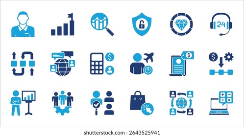 Business company and Management icon set. Contains symbol of teamwork, target, market, global, success, customer service, leadership, holiday, asset, meeting, entrepreneur. Vector illustration