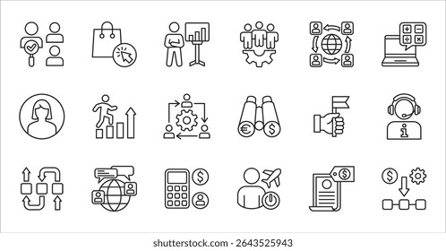 Business company and Management icon set. Contains symbol of teamwork, target, market, global, success, customer service, leadership, holiday, asset, meeting, entrepreneur. Vector illustration