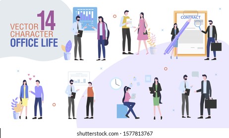 Business Company Office Workers Trendy Flat Vector Characters Set. Female, Male Employees or Entrepreneurs Talking, Communicating with Colleagues, Singing Contract, Planning Strategy Illustration