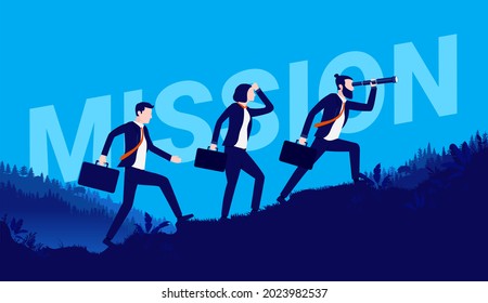 Business company on a mission - Business team walking up hill looking for success. Vector illustration