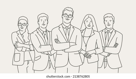 Business company people stand with arms crossed, office team. Hand drawn vector illustration. Black and white.