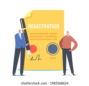 Business Company Registration, Legal Procedure, Ownership, Identity Formation Concept. Tiny Businessman Male Character Signing Huge Paper Document in Notary Office. Cartoon People Vector Illustration