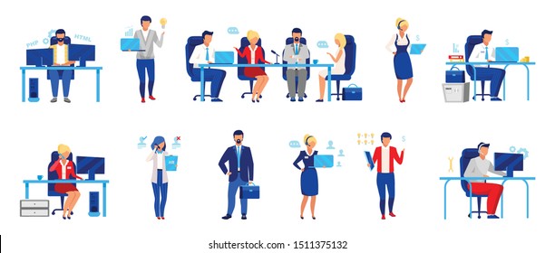 Business company staff flat vector illustrations set. Programmer, directors board, analyst. Workers isolated cartoon characters. Financier, accountant, HR manager, and customer support operator