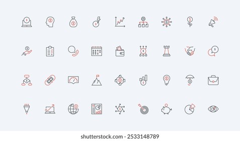 Empresa comercial, conjunto de ícones de estratégia de inicialização. Seguro de investimento, visão e gráfico de relatório de análise, mentalidade do funcionário para fazer dinheiro fino preto e vermelho esboço símbolos ilustração vetor