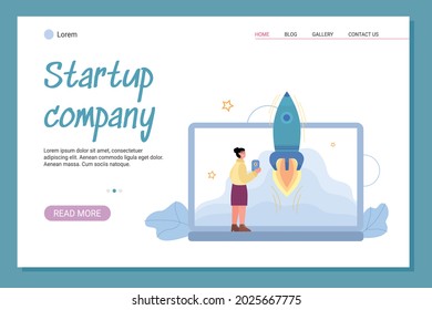 Business company startup website banner template with woman launching rocket, flat vector illustration. Landing page for innovative start up business initiative.