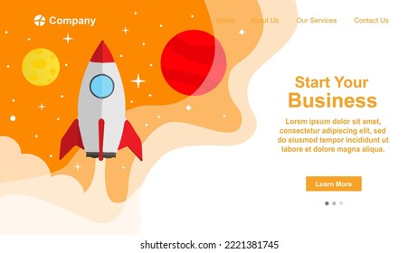 Business company startup website banner template with rocket launching, flat vector illustration. Landing page for innovative startup business initiatives.