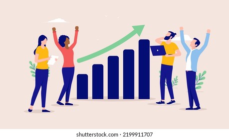 Business company success - Diverse happy group of people cheering and celebrating growth and diagram chart pointing up. Flat design vector illustration