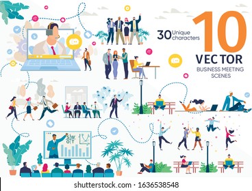 Business Company Team, Freelancers Life Scenes, Office Workers Work Situations, Client Support, Investors Meeting, Project Presentation, Business Seminar Concepts Trendy Flat Vector Illustrations Set