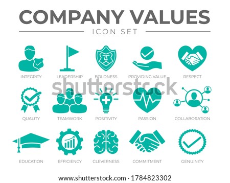 Business Company Values Icon Set. Integrity, Leadership, Boldness, Value, Respect, Quality, Teamwork, Positivity, Passion, Collaboration, Education, Efficiency, Cleverness, Commitment, Genuine Icons.