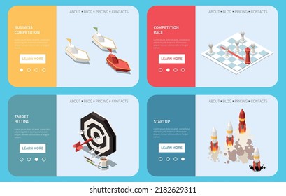 Business competition 2x2 concept set of landing pages depicting startup competition race and target hitting isometric vector illustration