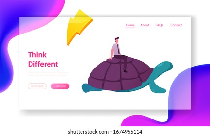 Business Competition, Acceleration and Progress Landing Page Template. Businessman Character Riding Huge Turtle. Slow Movement to Success, Manager Driving Giant Tortoise. Cartoon Vector Illustration