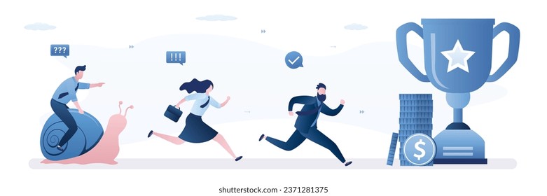 Business competition. Advantage, concept. Winners businesspeople running very fast. Office Relationships. Loser ride on slow snail, technological lag. Award, money prize. flat vector illustration