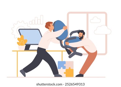 Business competition, aggressive fight for vacancy in office, career development. Employees pull chair with conflict, job candidates and competitors brawl in workplace cartoon vector illustration