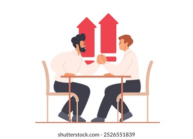 Business competition, arm wrestling fight for leadership. Two strong men sitting at table, male employees or colleague holding hand to fight and win in conflict battle cartoon vector illustration