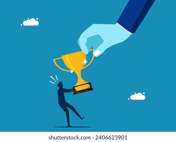 Business competition. Big hands pulling war trophies with small businessman