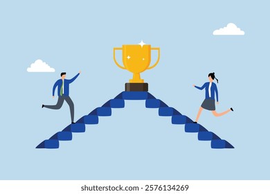 Business competition, Businessman and businesswoman ascend stairs vying for the trophy. 